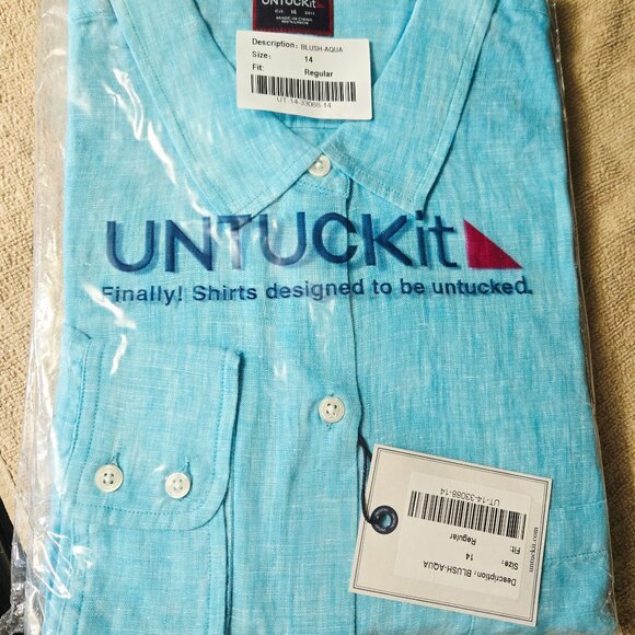 NWT UNTUCKit BLUSH AQUA 100% LINEN LONG SLEEVE BUTTON FRONT SHIRT SIZE 14 - Picture 4 of 9